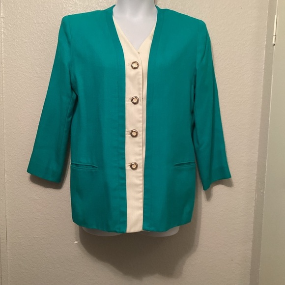 RAFAEL Green and Cream Blazer with 3/4 Sleeves 14 - Picture 1 of 6